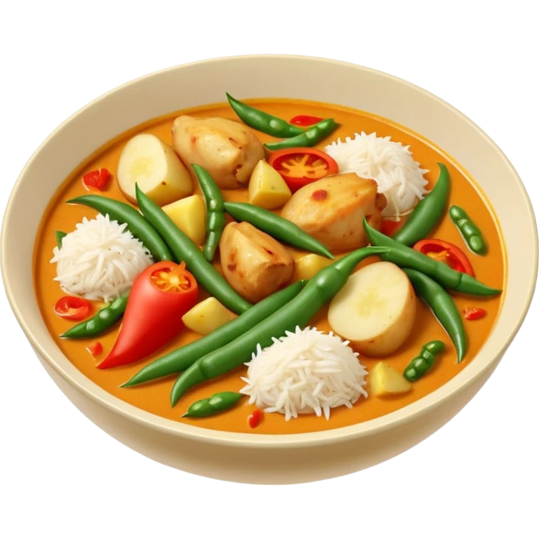 curry with coconut, tomato, bell pepper, potato, green beans, and chicken emoji