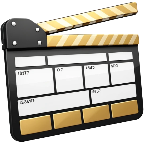 stylized clapperboard with shiny gold upper part and white lower part, diagonal striped pattern emoji