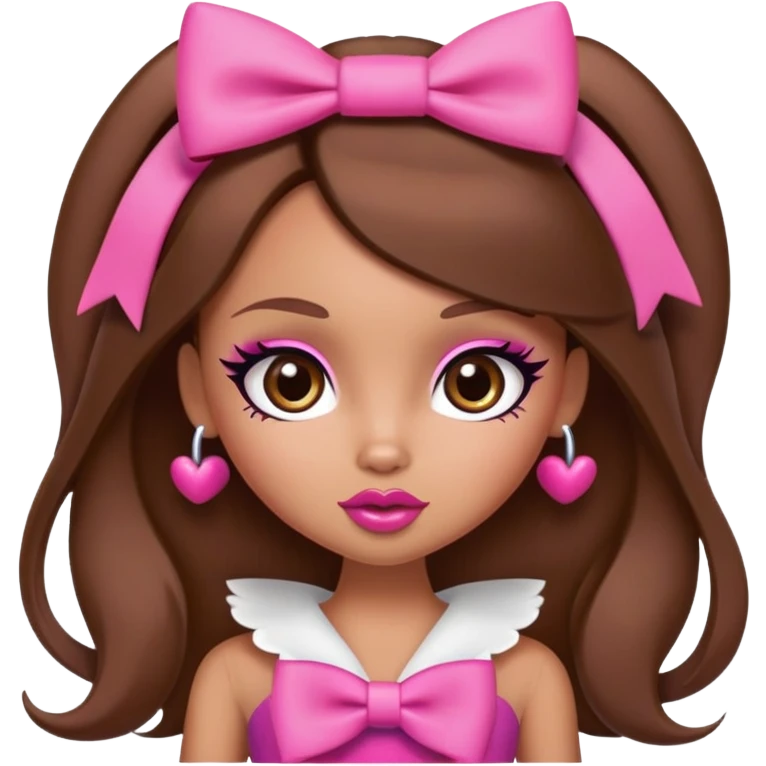 Bratz doll character with brown hair, pink bow, big lips, and foxy eyes emoji