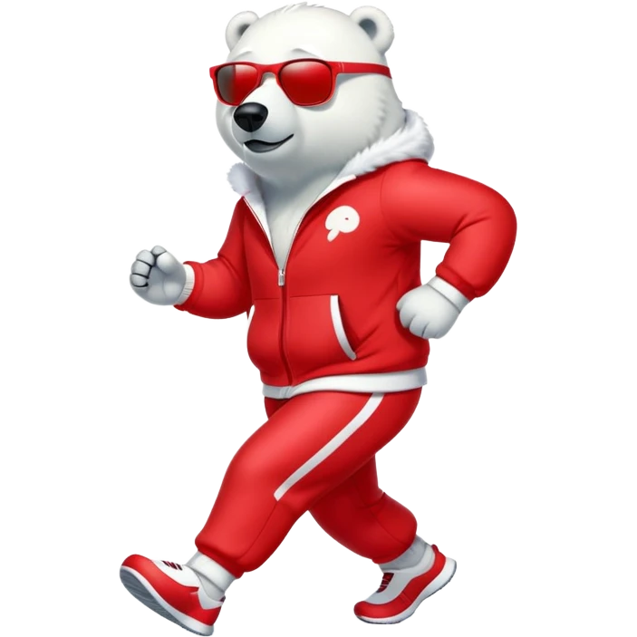friendly anthropomorphised polar bear jogging upright, wearing bright red tracksuit and dark sunglasses emoji