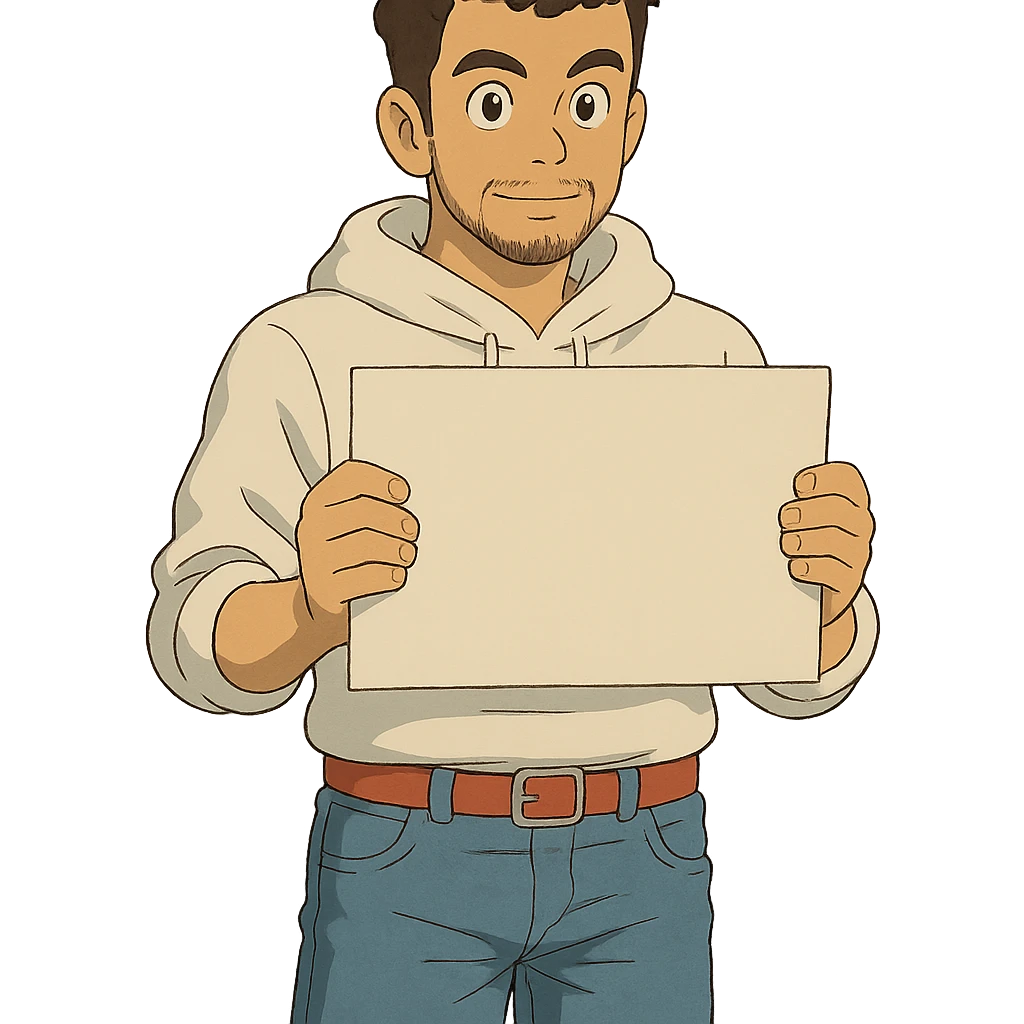 1 male, mid fade haircut dark chestnut brown curly hair, toasted lightskin, white hoodie sleeves up, fashion jeans, red fashion-sneakers shoes, red belt, short trimmed beard and goatee,  style of deku from "my hero academia", pose: holding a blank poster chest level, the image is framed from the waist to above the top of the head emoji