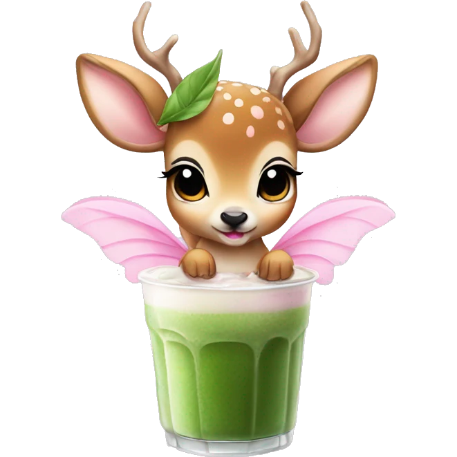 baby deer with fairy wings and a pink bow around its neck drinking iced matcha latte  emoji