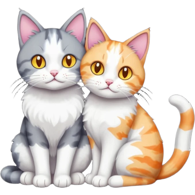 full body large dark grey and white cat cuddling a colourful light patched calico + white tabby cat  emoji
