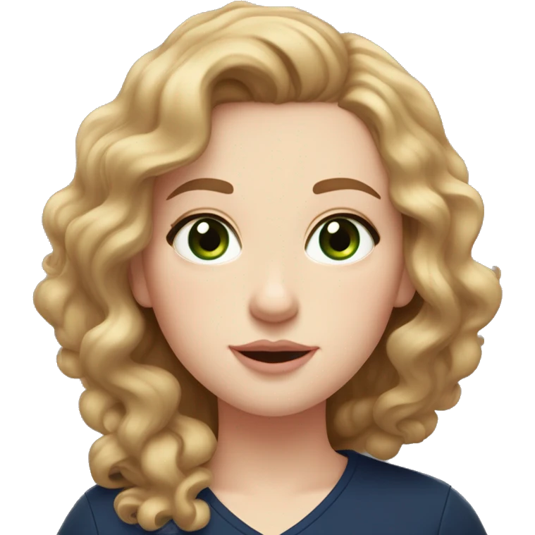 A pale white girl with light brown curly hair that reaches to her chest and her hairstyle parted in the middle, green eyes with a mole next to her left eye and wearing a navy blue shirt and natural pink lips emoji
