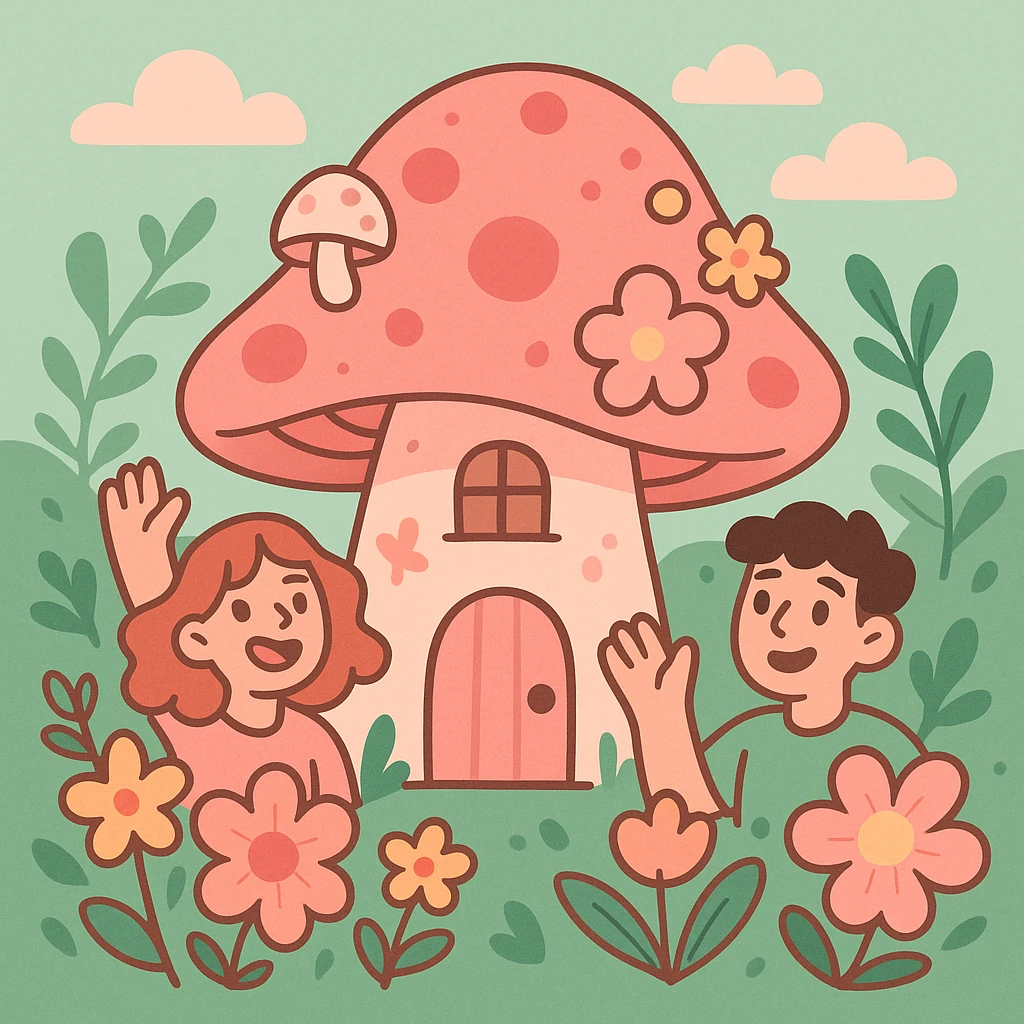 pink cottagecore mushroom with floral accents, soft pinks and greens, dreamy and whimsical emoji