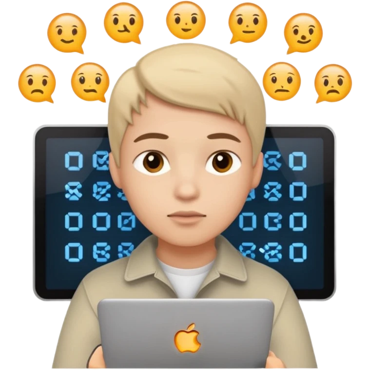 young programmer, thinking, with code symbols emoji
