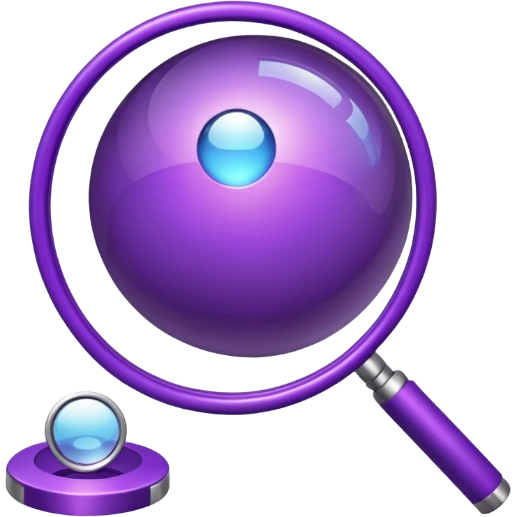 Minimal glossy purple icon of a network planet with a magnifying glass. emoji