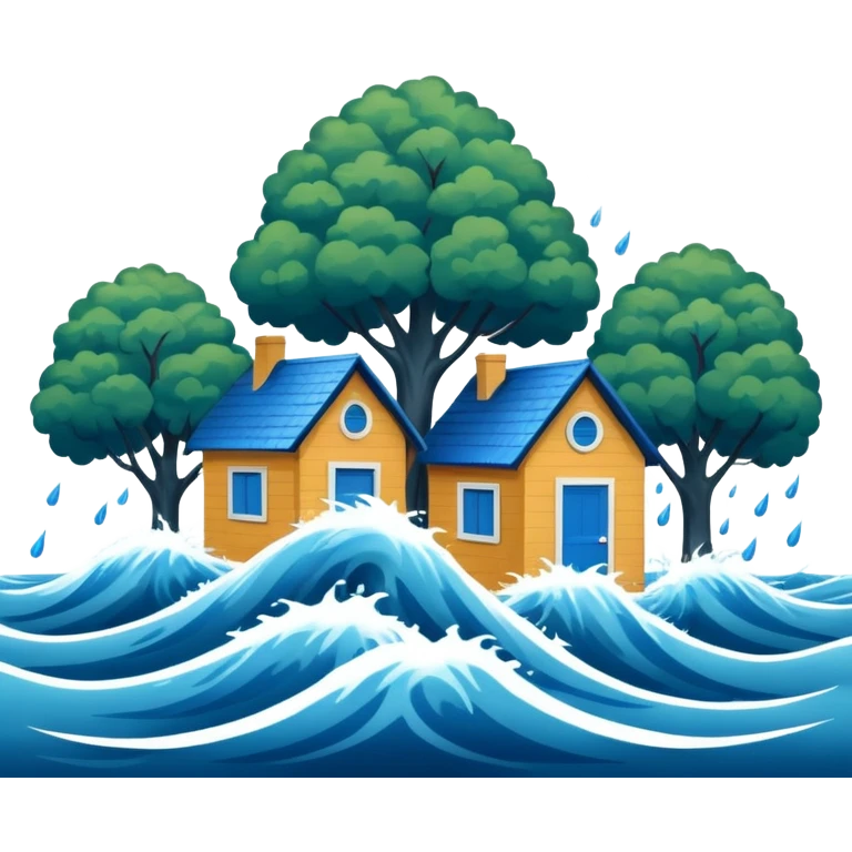 showing a flood disaster scene with powerful blue water waves overflowing around small houses and trees, dark cloudy sky, heavy rain falling, dramatic yet simple design emoji