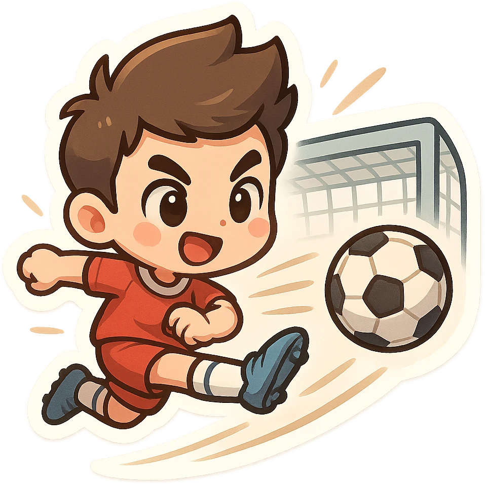 cartoon soccer player kicking a ball into a goal, exaggerated motion, playful style emoji