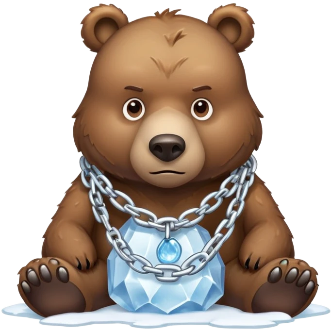 Serious realistic brown bear on all four legs wearing a thick chain made of ice around its neck, frozen chain links, stern expression emoji