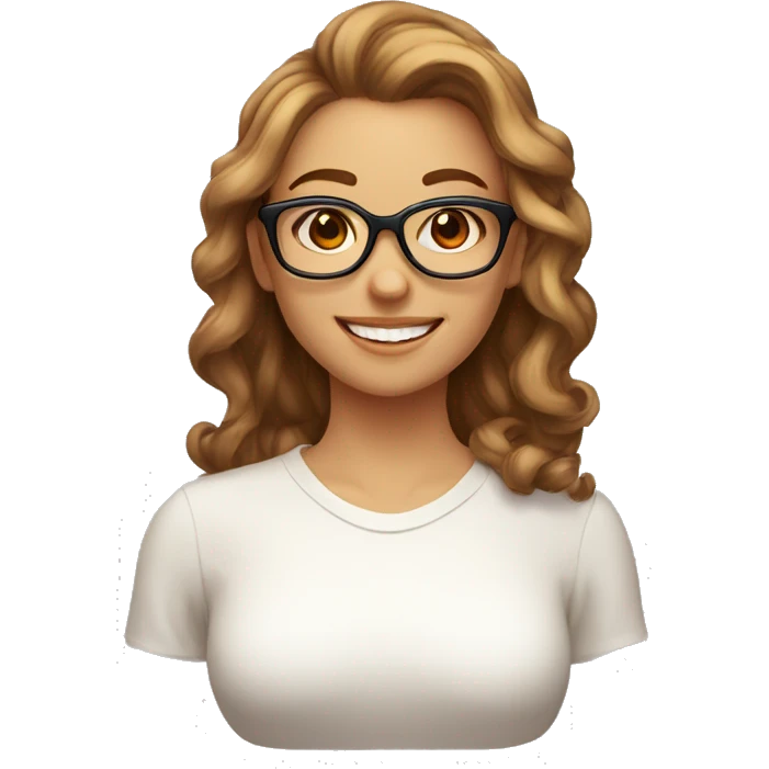 person with light brown hair with a pronounced bust, updo hairstyle with red glasses, perfect smile, smiling in profile, with thoughts of chemistry emoji