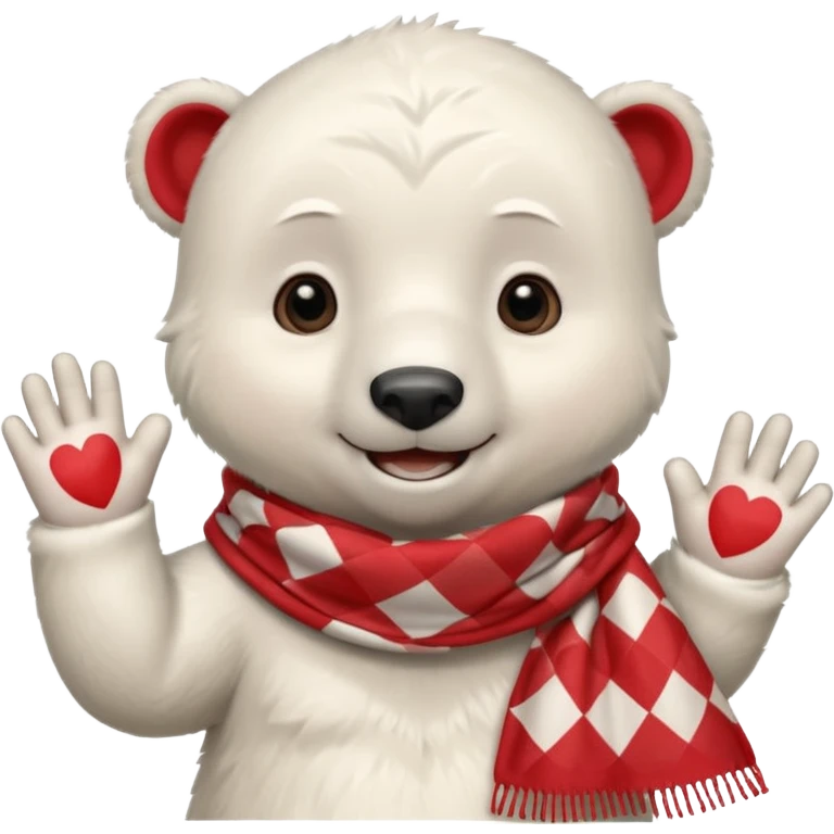 baby Polar Bear, smiling, hi five, wearing red Checkered Triangle scarf emoji
