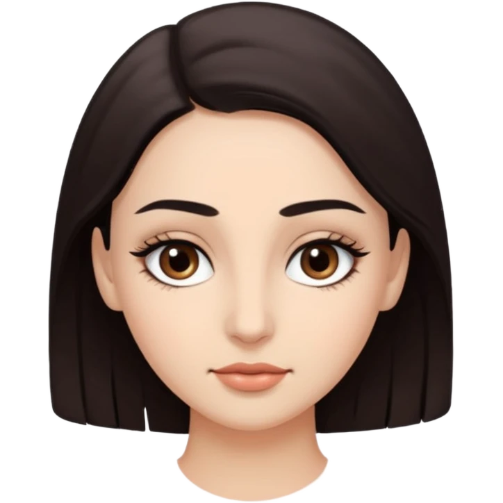 Rostro de forma ovalada con facciones delicadas. Ojos grandes y expresivos de color café oscuro, con pestañas largas y definidas. Cejas oscuras, pobladas y bien formadas. emoji