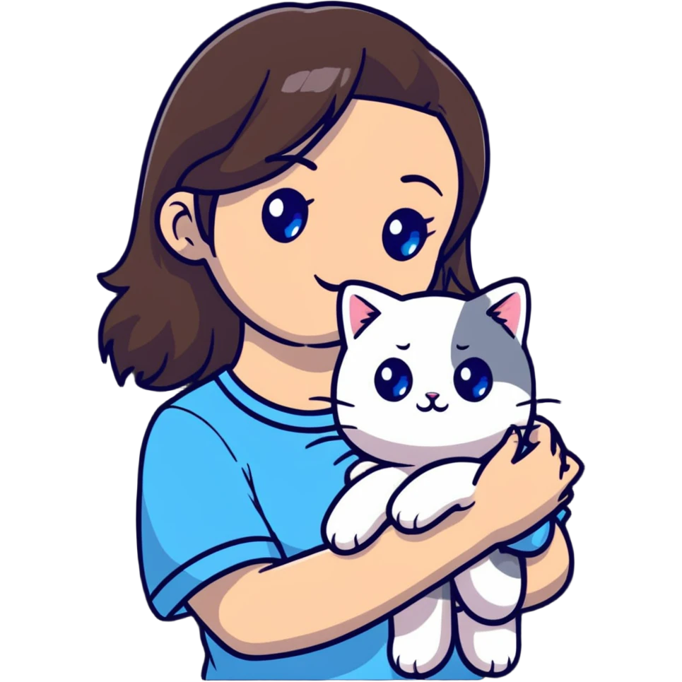 Cute Asian girl cradling a ragdoll cat with blue eyes and light colored fur with darker points emoji