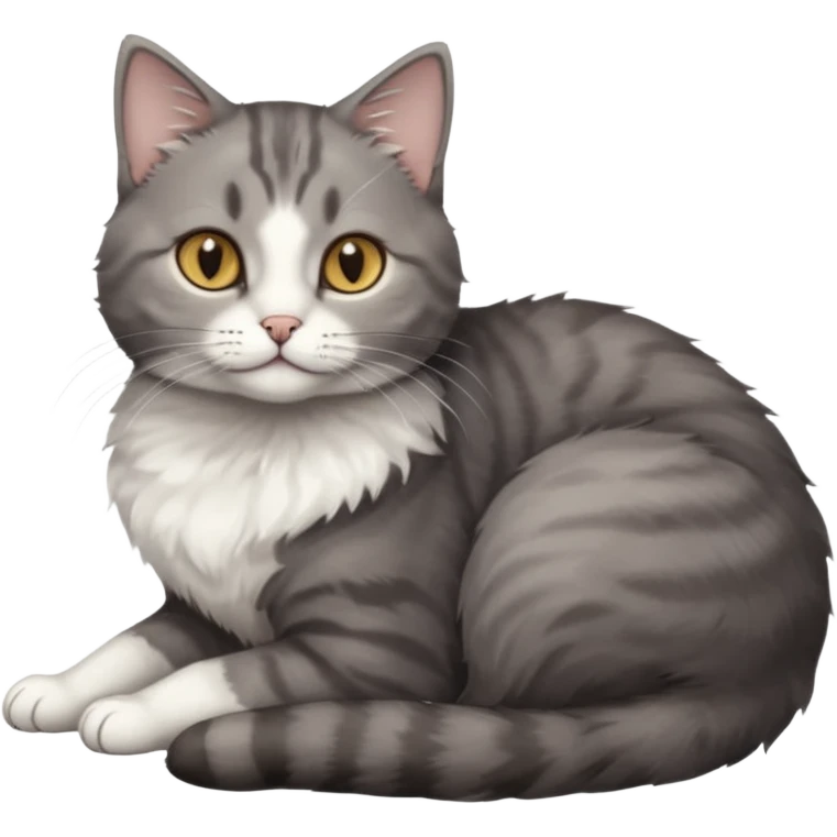 full body tiny short hair dark grey and white cat with hazel eyes lying down emoji