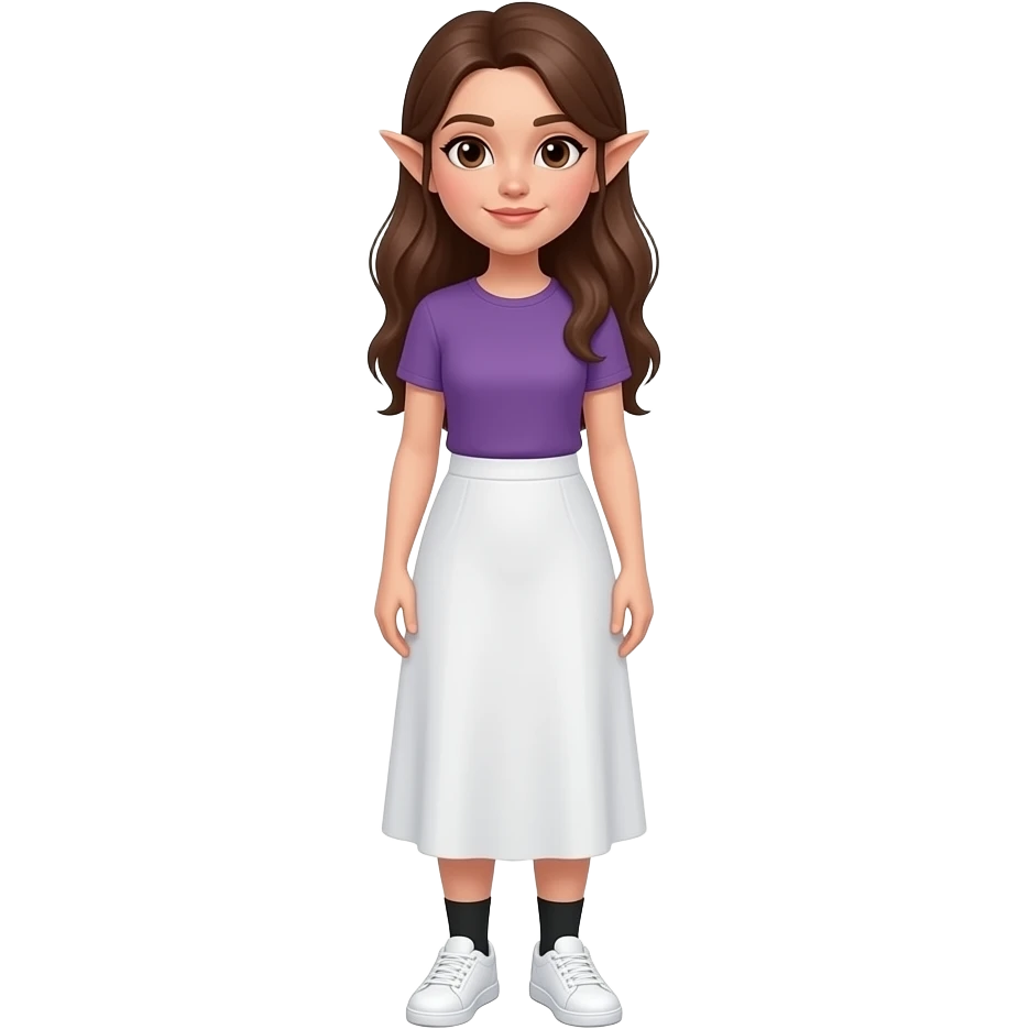 An adult woman with white/fair skin, long brown hair, brown eyes and pointy ears and wearing a long white skirt, a purple t-shirt, black socks and white sneakers.. emoji