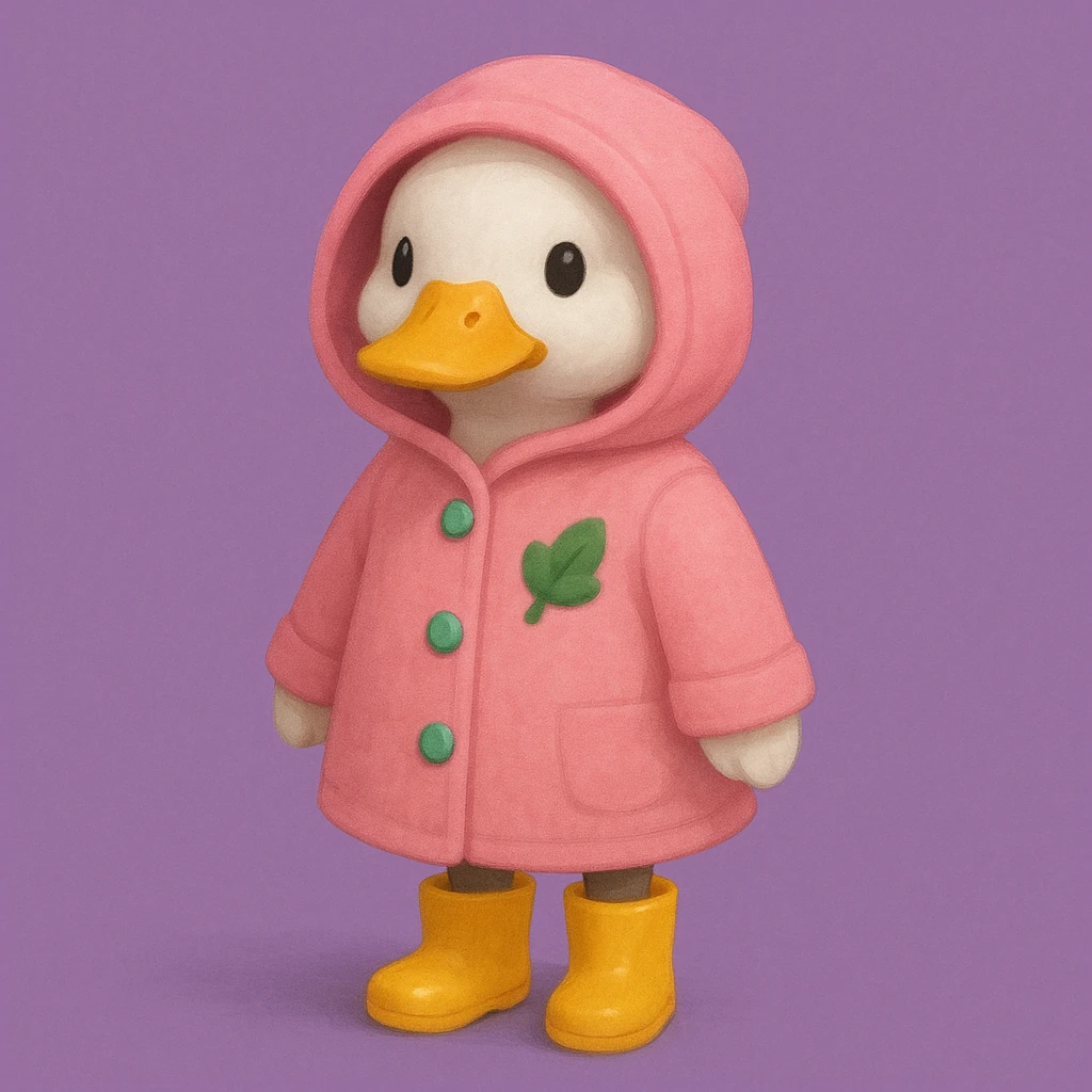 A duck wearing a pink hooded coat with green buttons and a green leaf on the chest, and yellow boots. The background is plain and purple. emoji
