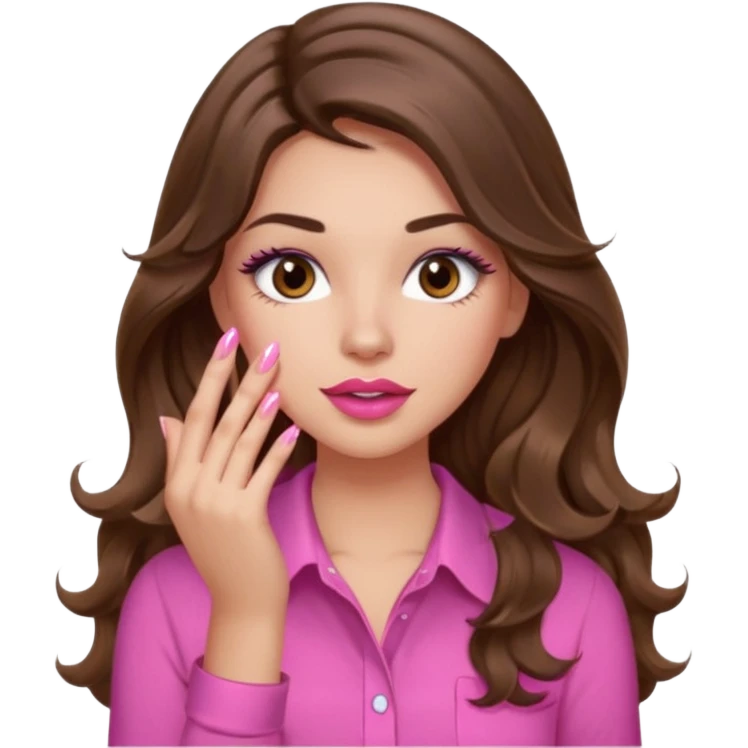 girl with long wavy brown hair, brown eyes, light to medium complexion, in a pink shirt, pink lips, long lashes, puckered lips, showing off a pink manicure emoji