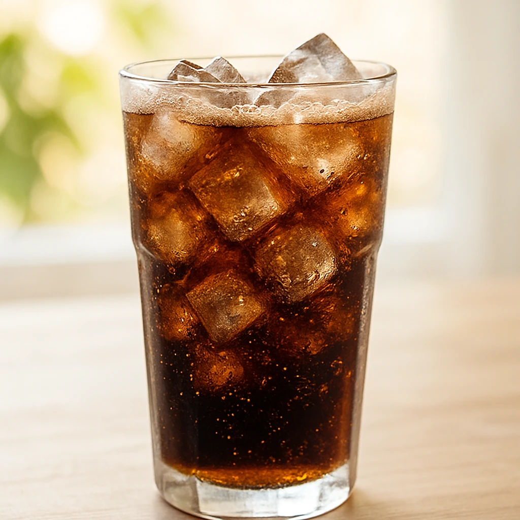 a glass of fernet with coca cola, Argentine style, with ice cubes, sparkling bubbly drink, glass cup, refreshing sensation emoji