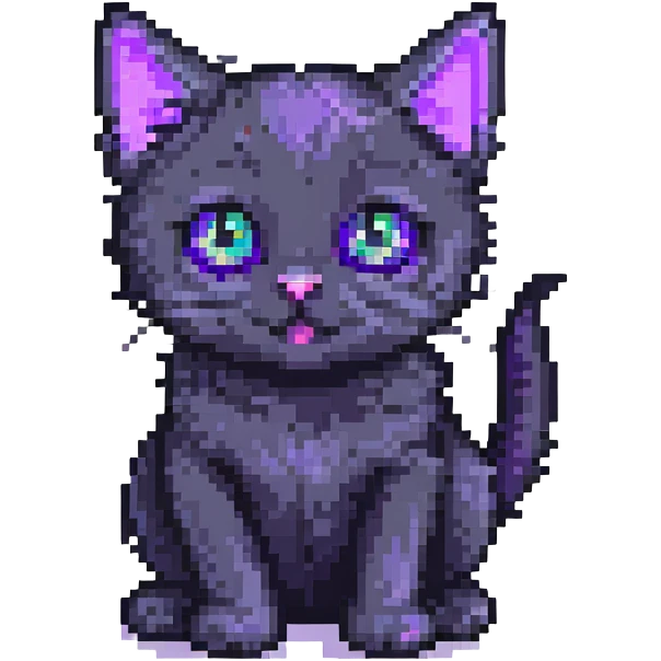 adorable black kitten with big purple eyes, playful expression, pixel art style emoji