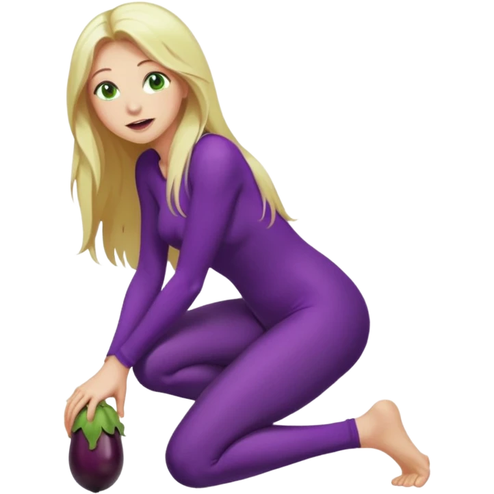 Naked woman tits out long blonde hair green eyes full body skinny legs no clothing kneeling eggplant in mouth emoji
