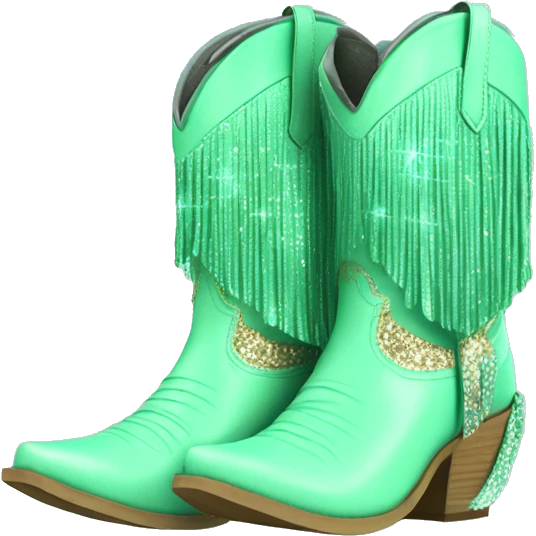 Realistic mint green fashion cowgirl boots with sparkly shiny glitter fringe on them. emoji