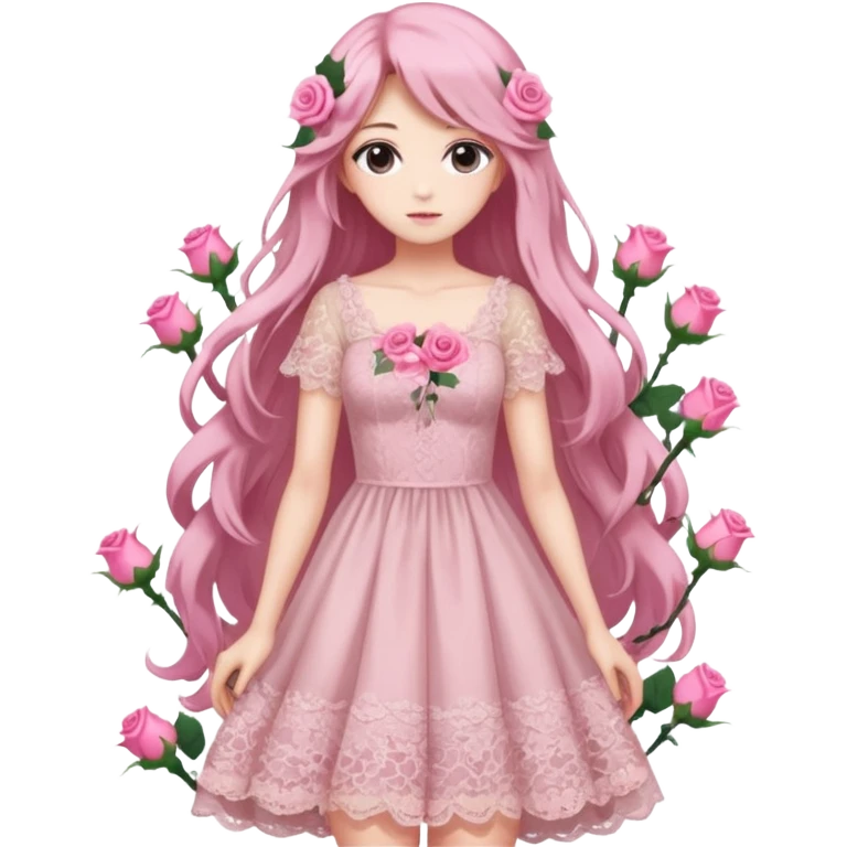 pastel anime woman with pink roses lace dress full body emoji