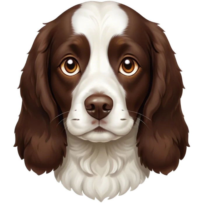 Cinematic Noble Springer Spaniel Portrait Emoji, Poised and regal, with a medium build and a glossy, well-groomed Fur of rich liver and white, deep-set soulful brown eyes, Simplified yet sharp and sophisticated features, highly detailed, glowing with a soft, dignified glow, high shine, intelligent and alert, stylized with an air of grace, focused and attentive, soft glowing outline, capturing the essence of a watchful and confident companion, so majestic it feels as though it could bound out of the screen with effortless authority! emoji