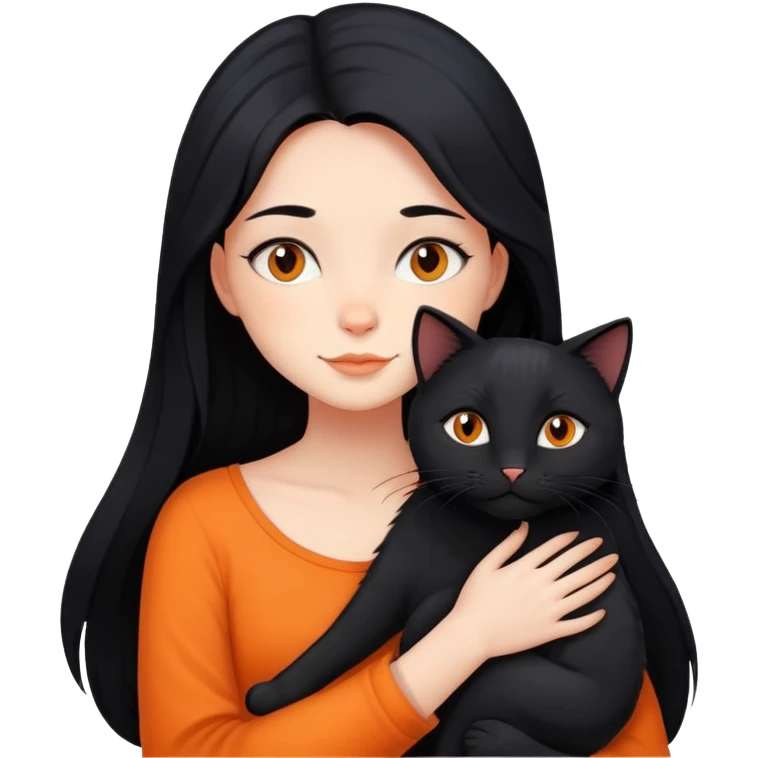 A girl with long black hair hugs a black cat, an orange cat, and a black cat emoji