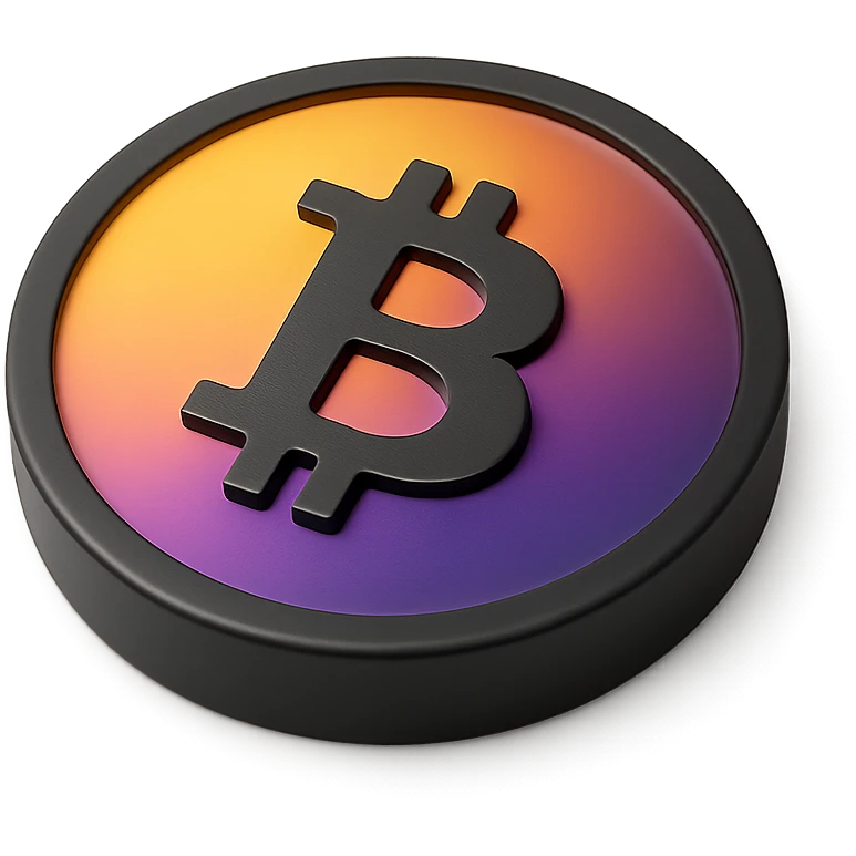 3D black style Bitcoin coin with a gradient from yellow to orange to purple to violet, shiny finish emoji