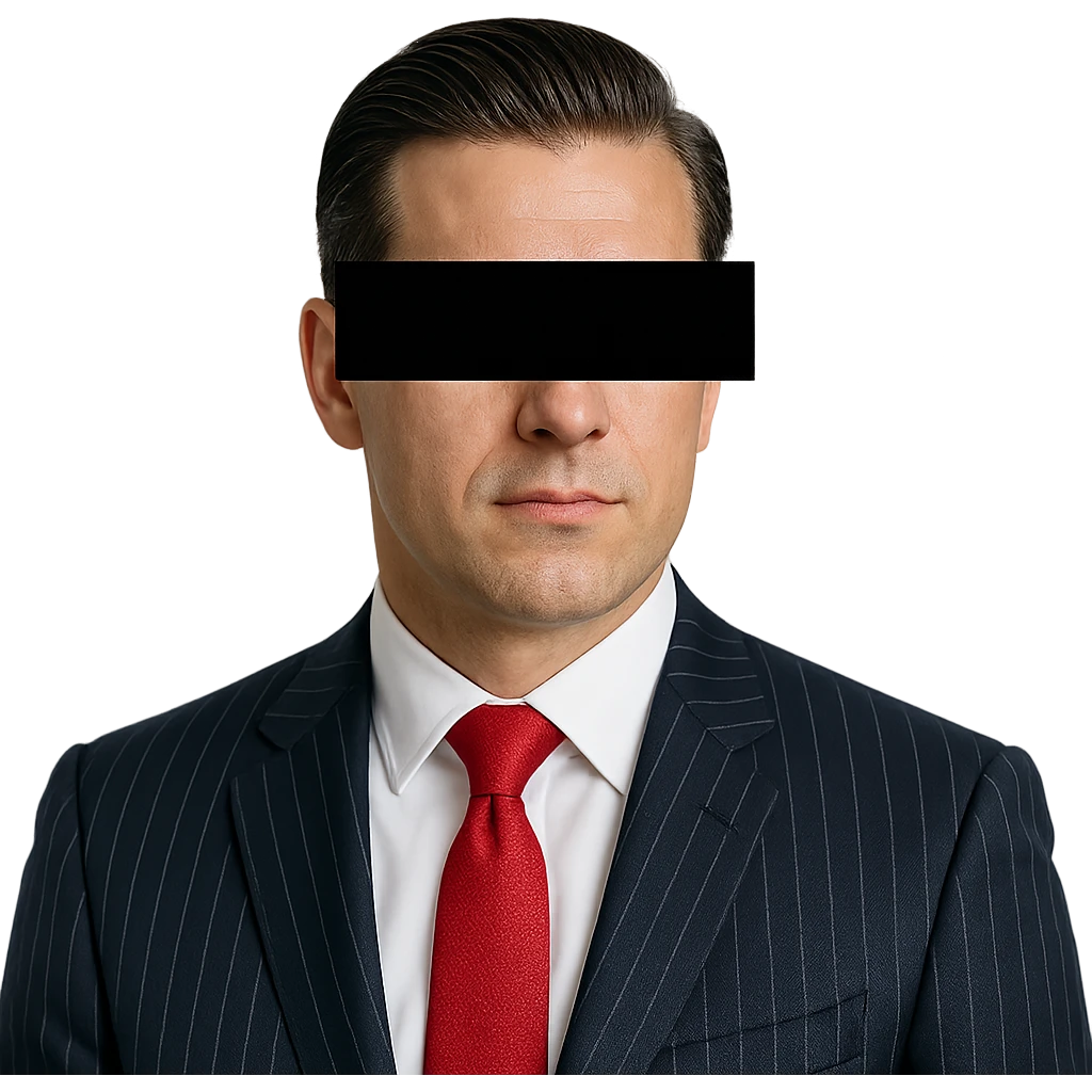 solid banker 35-40 years old, dark blue suit with white stripes, red tie, slicked-back hairstyle, black rectangle with eyes covering part of face emoji