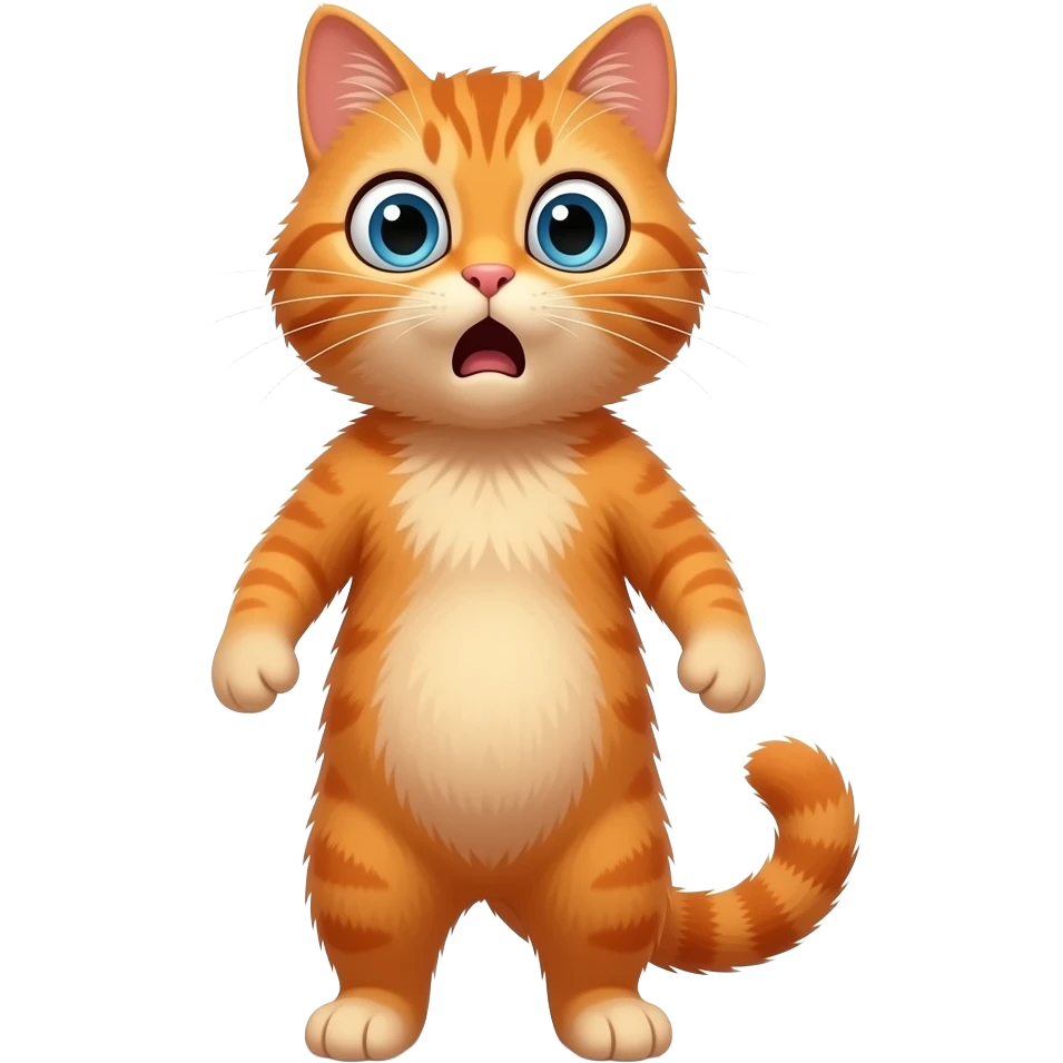 A little orange cat standing up, with legs and arms like a little person, looking very surprised. All his body ia orange. emoji