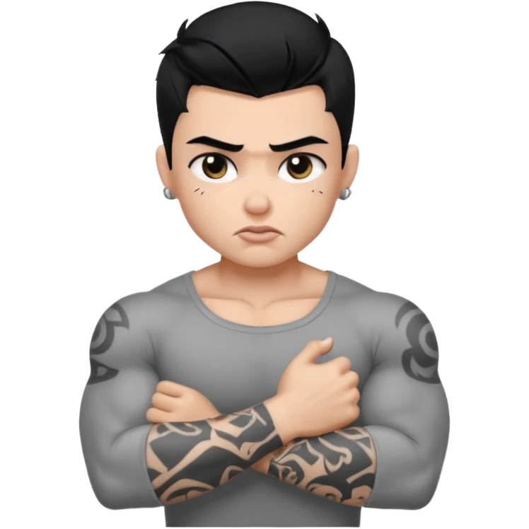 a PRETTY BRATZ boy with black hair, big biceps, full grey sleeve, crying emoji