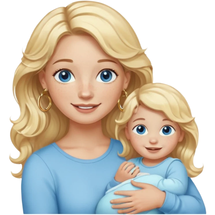 Wavy blonde, white woman with blue eyes, freckles hoop earrings, holding babies smiling and really cute in gold hoops emoji