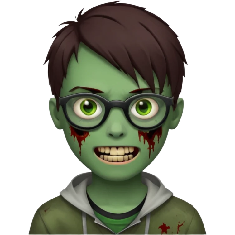 Zombie emo boy, green skin and brown hair and eyes, black glasses and a scary cut open smile, scars and blood under eyes emoji