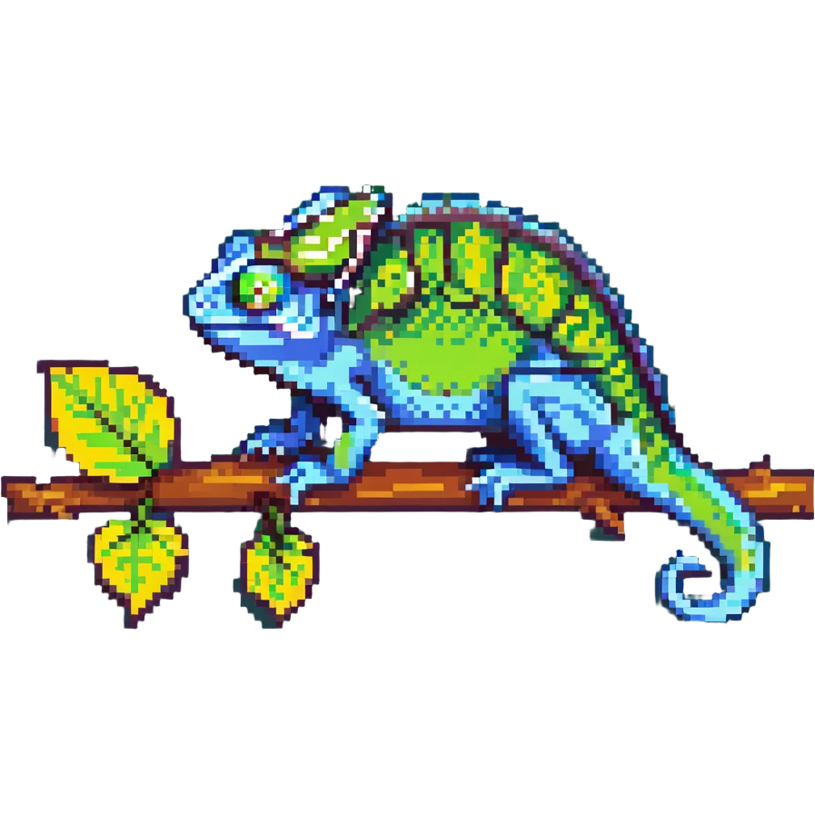 pixel art chameleon, sitting on a leaf, retro game style emoji