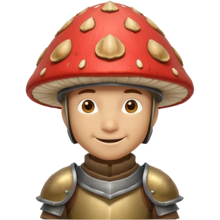 mushroom knight portrait, head and shoulders only, helmet made entirely of a large mushroom cap, textured mushroom surface, tiny fantasy armor collar, heroic smile, magical forest vibe, 3D cartoon, mobile game icon style, clean background, no text, no watermark
 
 emoji