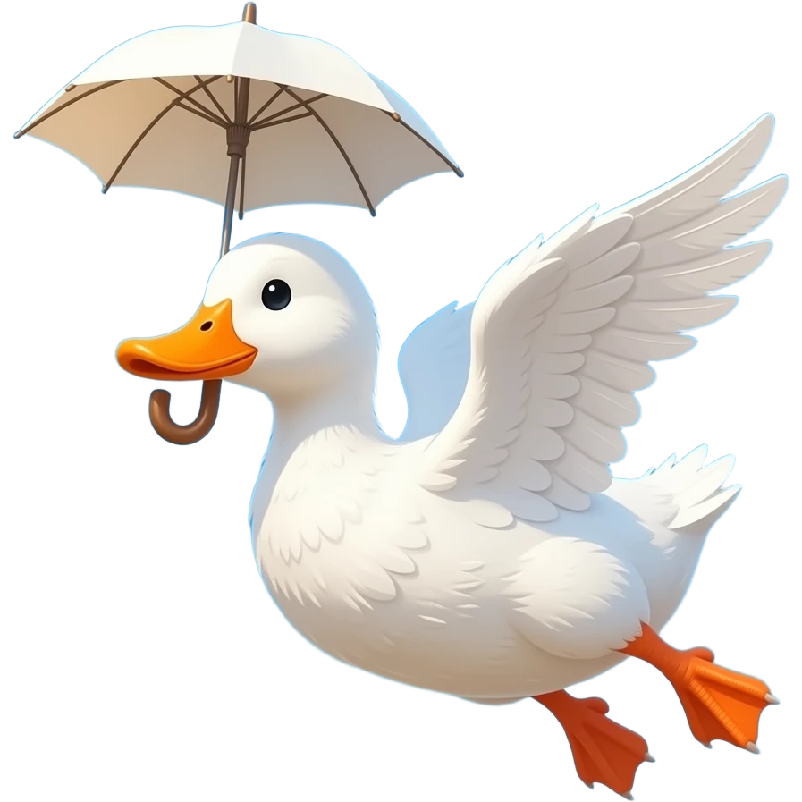 a white cute duck balanced by a parasol in the air blown by a gust of wind emoji