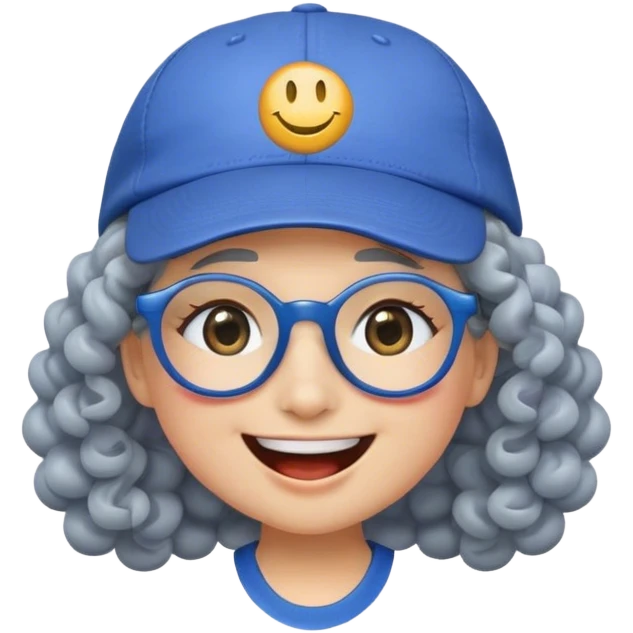 female yellow smiley face emoji, big smile, winking, wearing a blue ballcap backwards, grey curly hair, glasses, no eye color, face only, less detail, no ornament on hat emoji