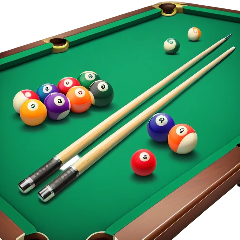 Two crossed pool cues resting on a billiard table, with colorful billiard balls scattered across the surface. The background features the felt of the table, creating an inviting atmosphere for a game of precision and strategy emoji