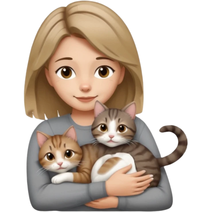 Une femme avec les cheveux dégradée, brun et blond, qui fait un câlin à son chat gris, tigré avec les extrémités que pattes pointe d’oreilles noires et le dessous du menton blanc la fille n’a pas d’oreilles, il n’y a qu’un seul chat emoji