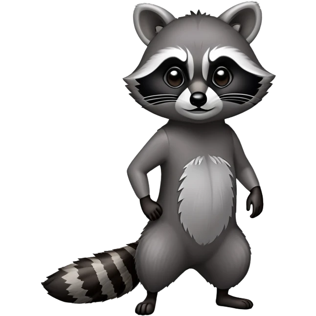 Cinematic-Raccoon-Realistic-Full-Body-Standingon all fours-Emoji – Tail flicking lazily, head tilted dramatically, thick grey fur with a signature black mask, sharp and alert ears, simplified yet realistic focused features, highly detailed, glowing with an almost sarcastic glow. emoji
