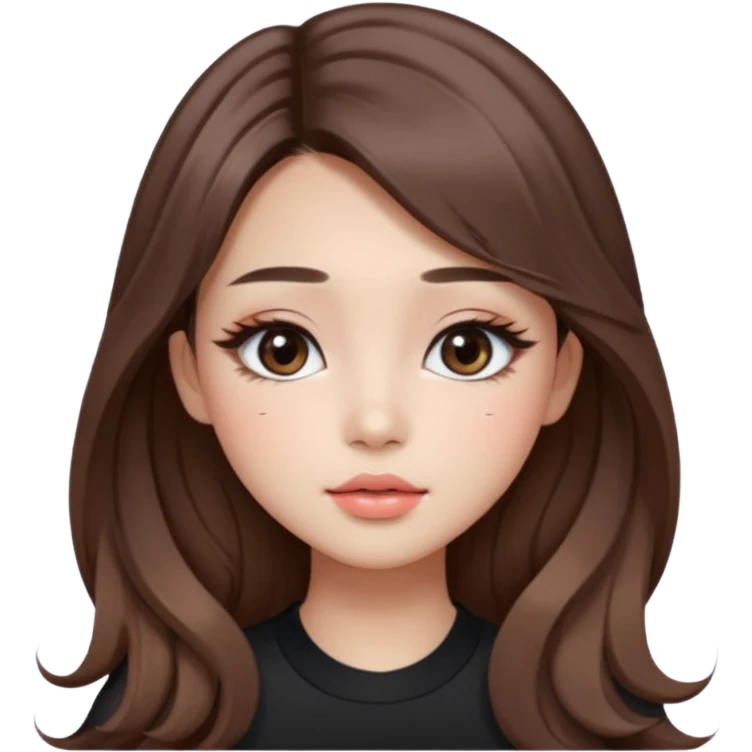 “korean straight brown hair Emoji girl, soft eyeliner and blush, gradient lips, light brown shimmer eyeshadow, long wavy hair,  emoji