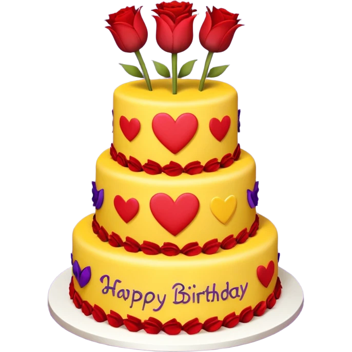 A large three teir cake with first mayer decorated with roses, second with Sunflowers and third with Tulips and Happy Birthday Dear written on top. emoji