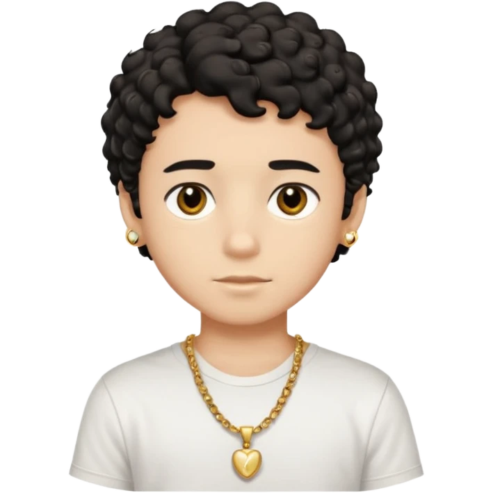 a boy with short black curly hair and brown eyes with white t-shirt and gold jewelry  emoji