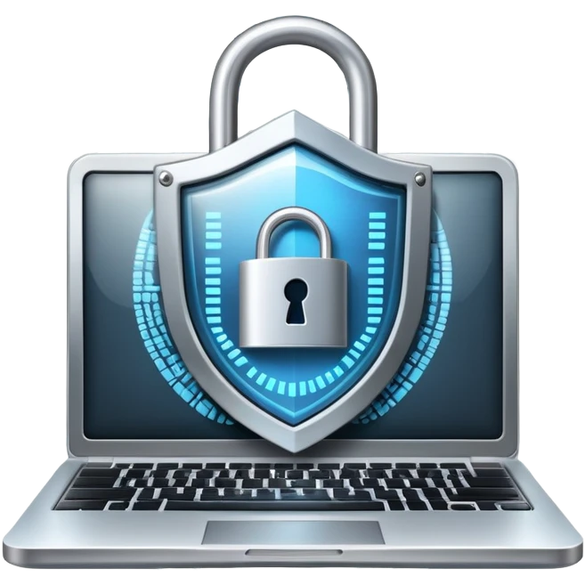 An icon featuring a digital shield with a lock, binary code, symbolizing cybersecurity. The design includes a laptop, warning icons, and secure network nodes, representing protection against cyber threats. Transparent background highlights digital safety and defense. emoji