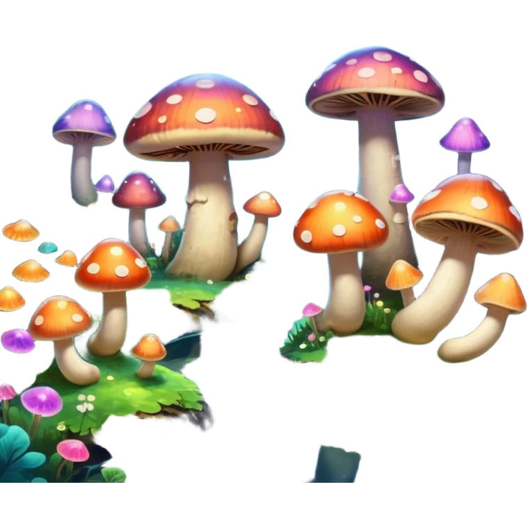  "A whimsical mushroom world filled with giant glowing mushrooms, soft bioluminescent spores floating through the air, and friendly oversized snails with colorful spiral shells exploring the landscape. Fantasy atmosphere, vibrant colors, dreamy lighting, highly detailed emoji