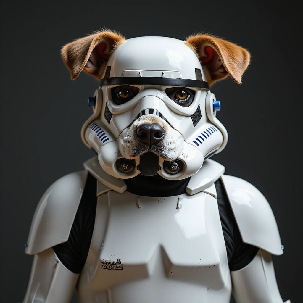 realistic dog dressed as a Star Wars stormtrooper, full costume, detailed armor, lifelike fur, photorealistic style emoji