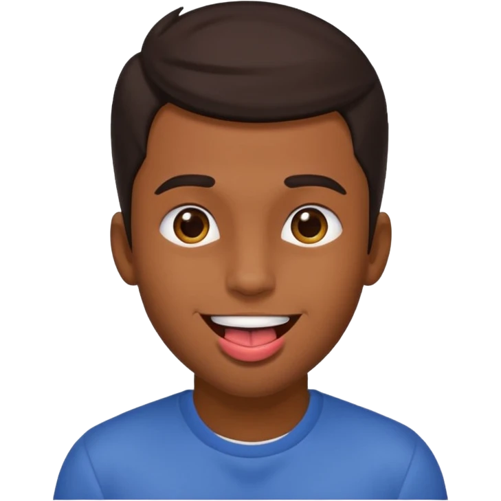 A brown skin guy with dark hair that is his covering forehead, his head is tilted back a bit and his tongue is out emoji
