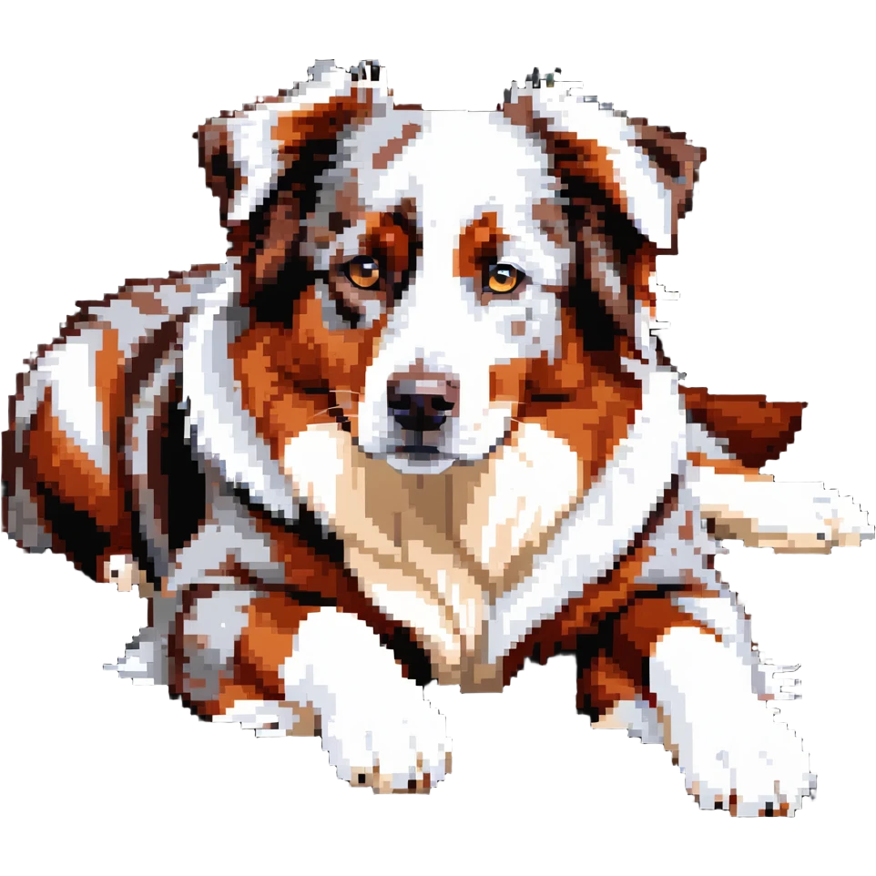 Red merle Australian Shepherd dog laying down, copper and white spotted coat emoji
